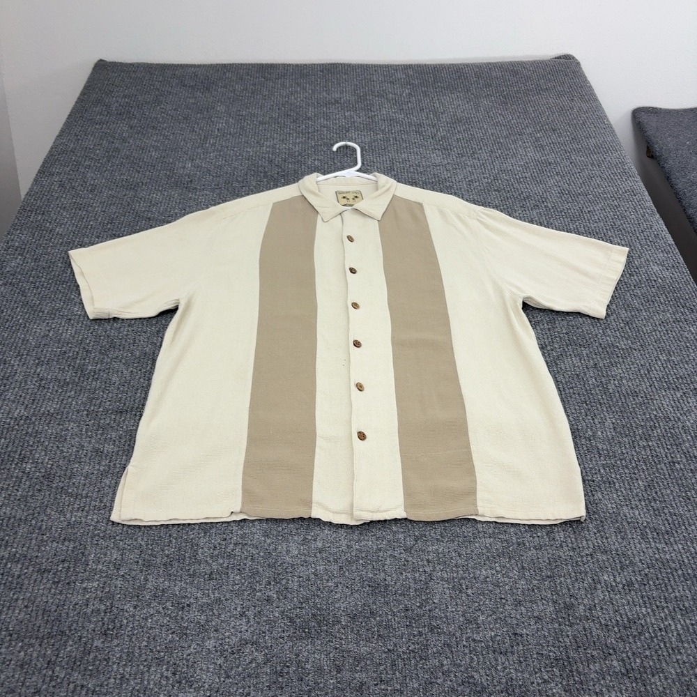 Paradise Coves Shirt Mens XL Beige Silk Striped Short Sleeve Casual Retro Style